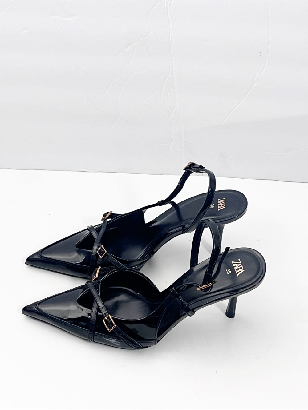 ZARA Black Patent Leather Strappy Pointy Toe Slingback Heels Size 38 Classic - Picture 8 of 11